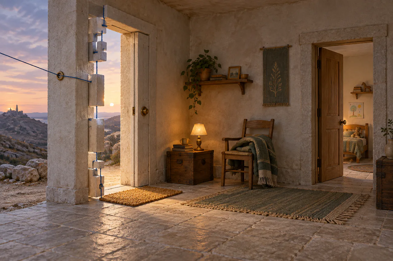 Editorial reconstruction of a remotely founded test cell that later acquired a modest lived-in corner and an inner door to the Second Reading
