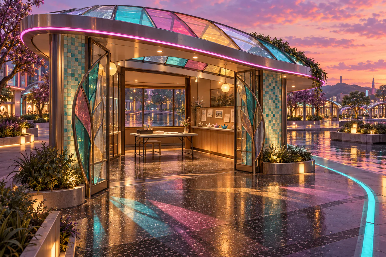 A curved chrome pavilion with a coloured glass roof and leaf panels, sheltering a folding table and paper boats beside a reflecting channel.