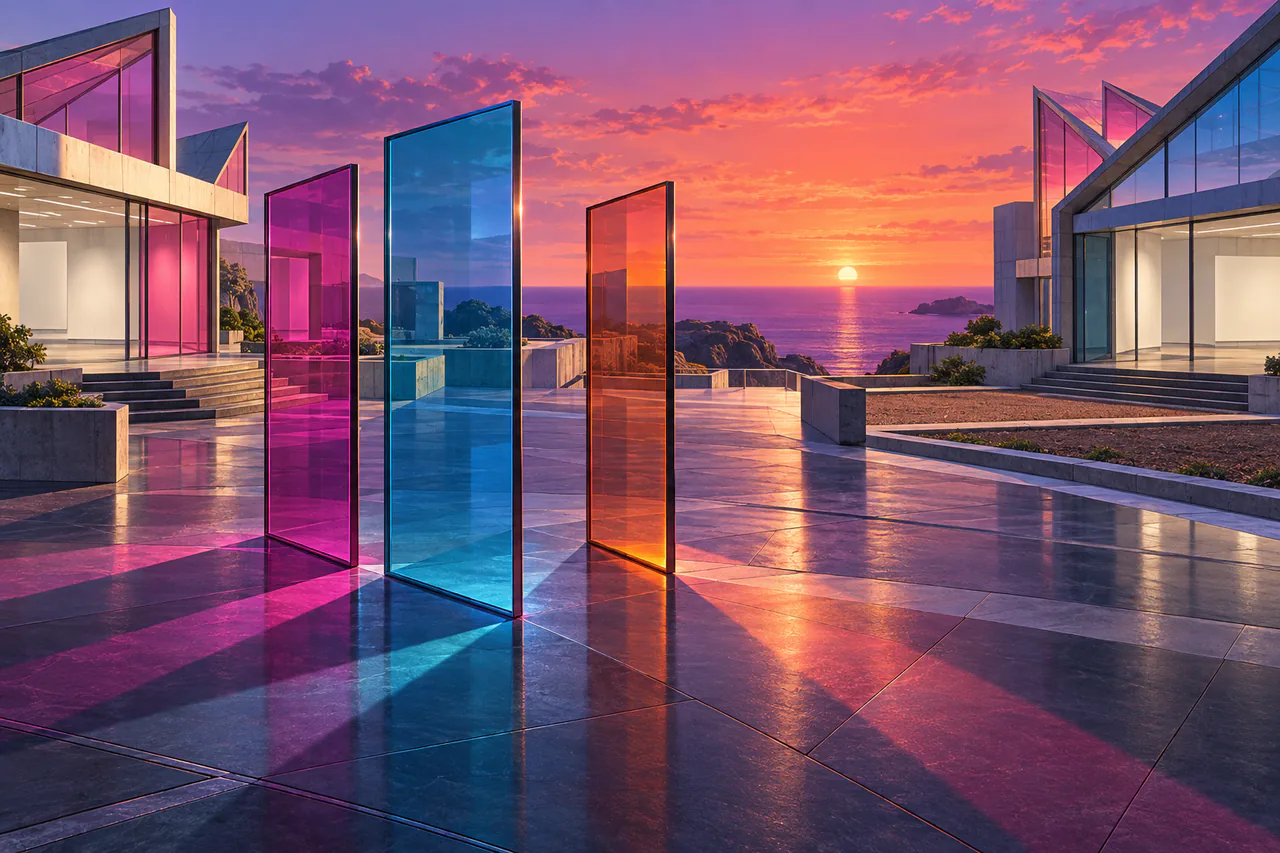 Founding interpretation of Prism's glass-fronted art district, sawtooth studio roofs and three freestanding coloured glass sheets casting intersecting bands across dark paving