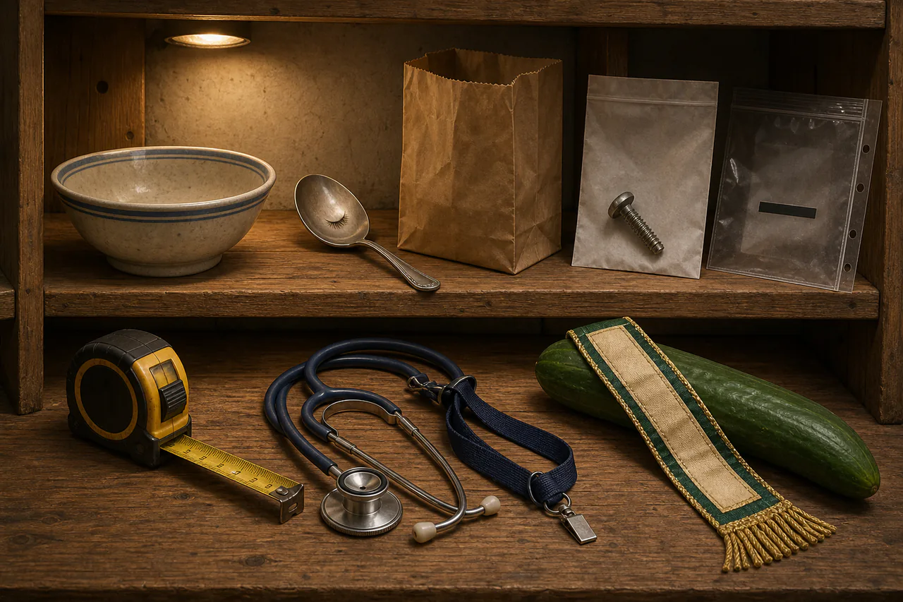 A crowded but orderly public prop room containing a returned soup bowl, an eyelashed teaspoon, an empty breadcrumb bag, a loose moon screw and a crooked ceremonial cucumber sash