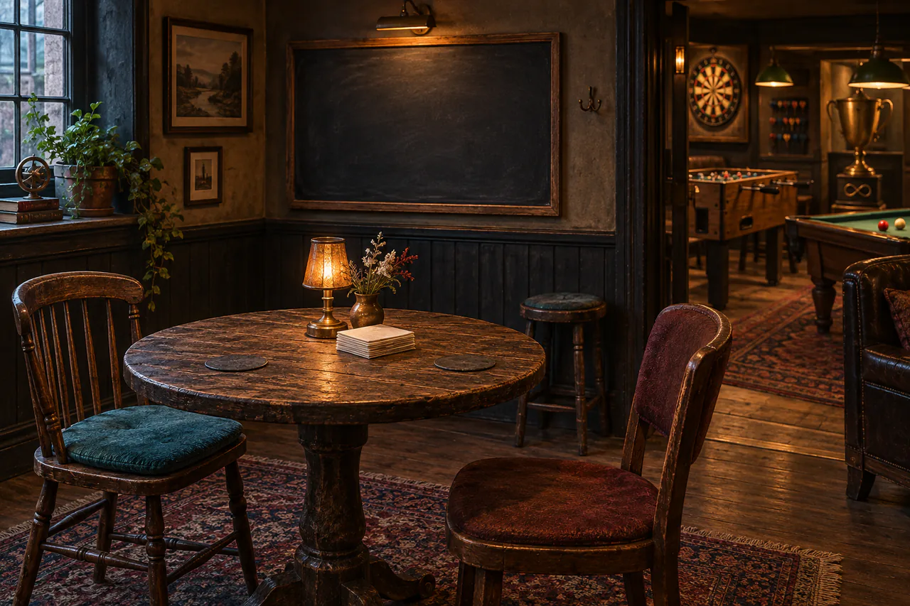 Editorial reconstruction of a low-lit pause room with a round table, mismatched chairs, one chalkboard and a glimpse of the scoreless game salon