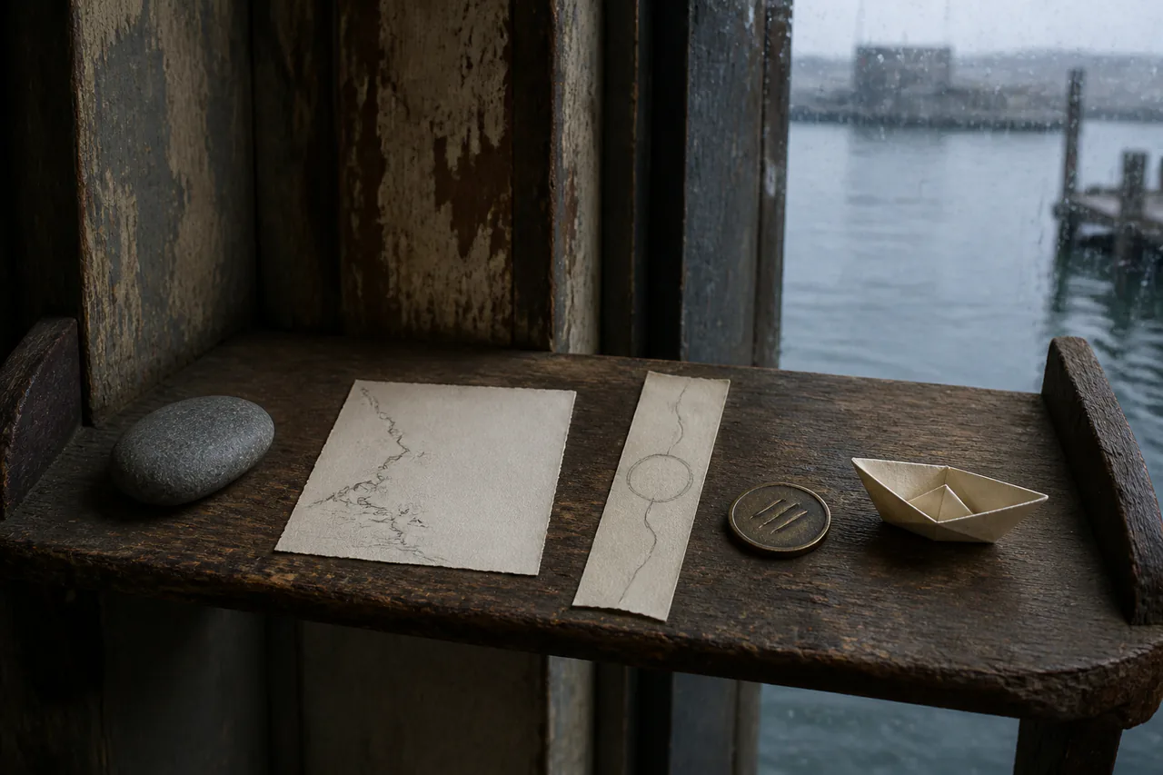 Close view of a little shelf holding an ordinary harbor stone, a partly blank map, pencilled detour, dark rain token and cream paper boat