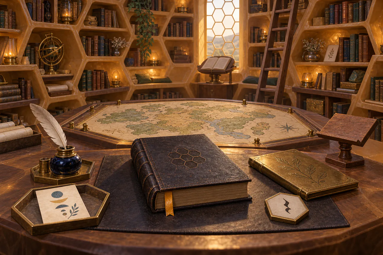 Editorial reconstruction of a quiet honeycomb library with shallow shelves, reading ledges, central map table and a closed book with amber bookmark
