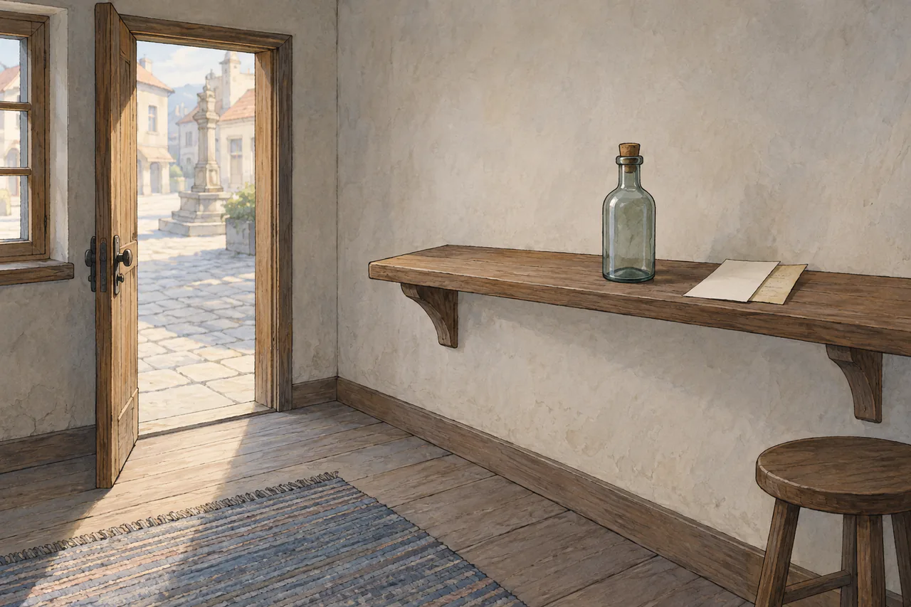 A single bottle on a simple wall shelf beside a written correction, in an unlocked modest room.