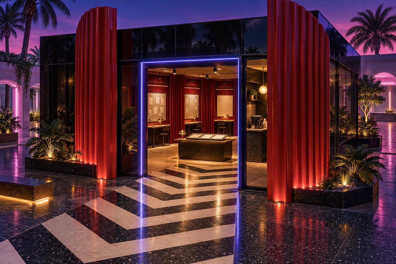 A compact black-glass pavilion stands behind two deep crimson curtain-like metal fins. A blue-violet neon frame marks the open doorway, while a broad black-and-cream zigzag path leads to an amber-lit evidence table