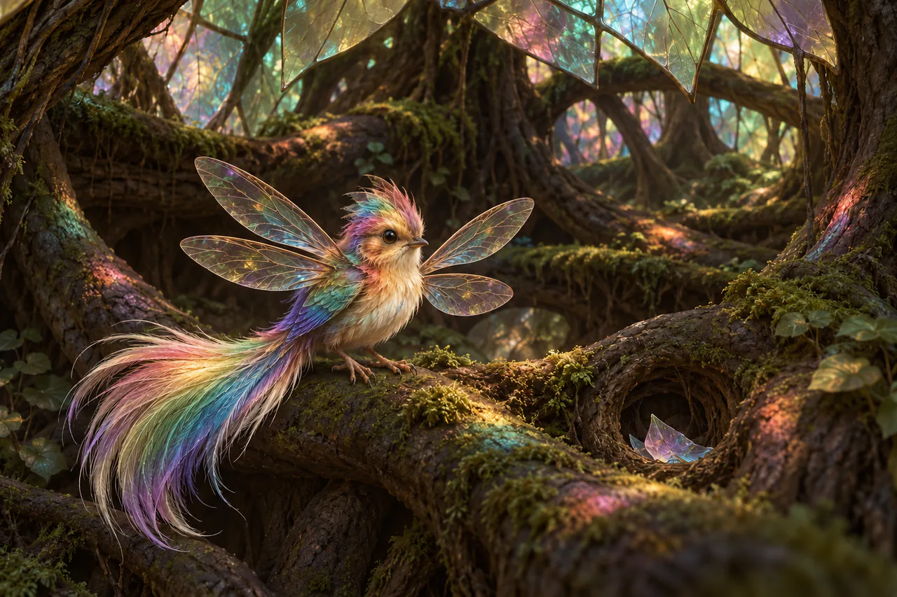 A palm-sized rainbow Prismwren with four clear veined wings and a long soft rainbow brush tail perches in a mossy root hollow beneath translucent leaves.