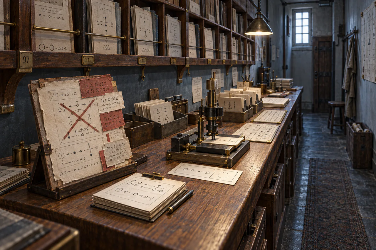 Editorial reconstruction of a narrow room with one long bench, report rack, rerun cards and visible corrections to failed exhibits