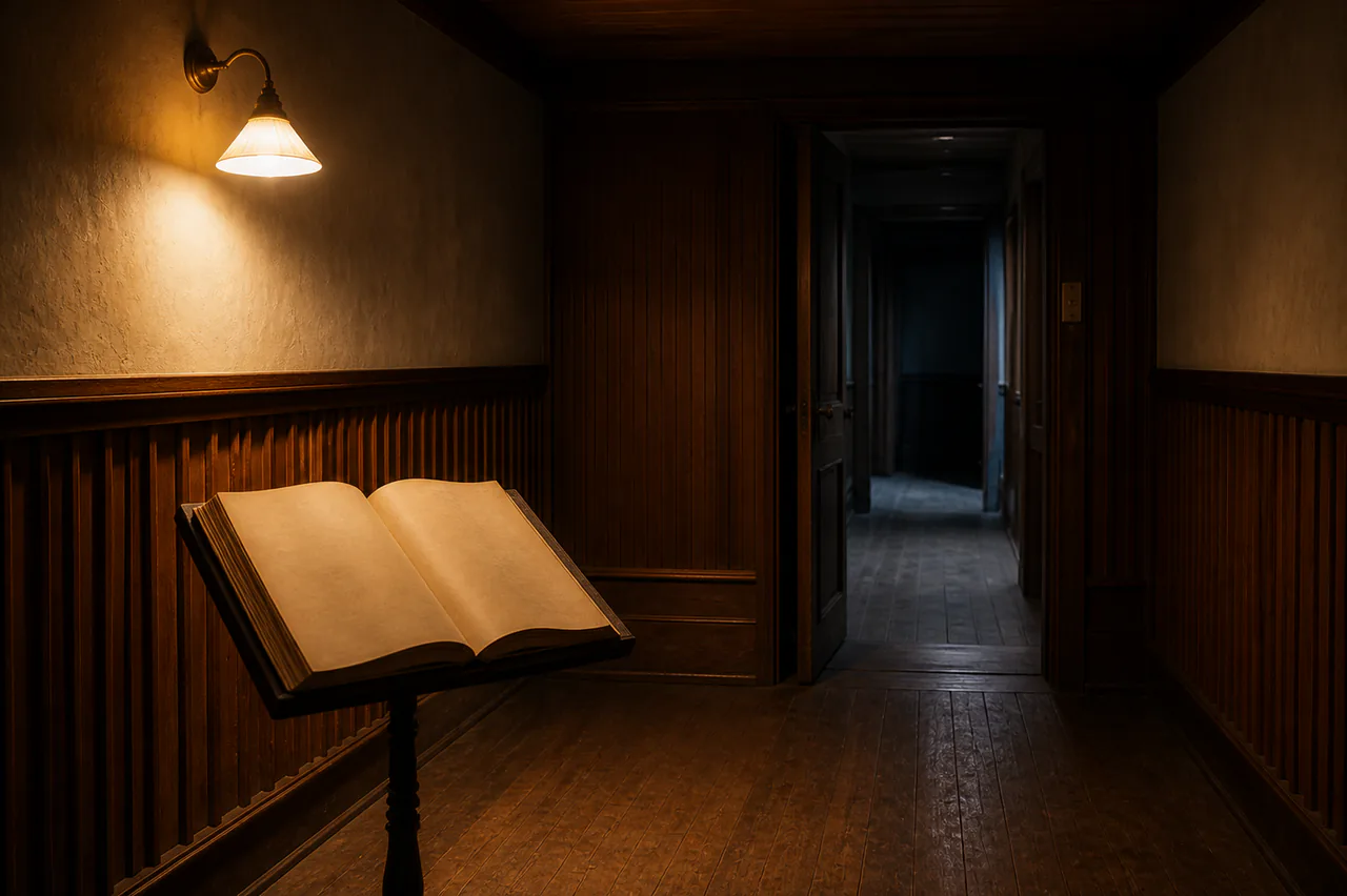 An open blank-looking songbook under a warm lamp with an empty unmarked doorway beyond