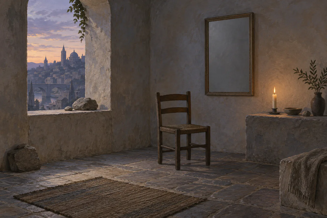 A quiet room of plain stones with an unmoving chair, matte mirror and small candle.
