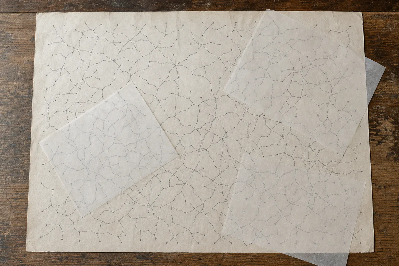 Overhead paper map and tracing sheets filled with many equal-weight route lines and identical destination dots