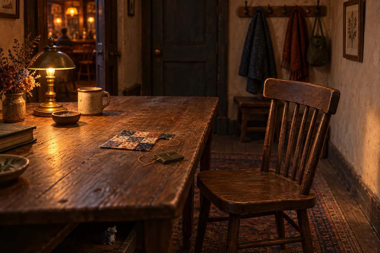 Editorial reconstruction of a narrow quiet room with a long table, one empty chair, low brass lamp and an unfinished seven-patch quilt