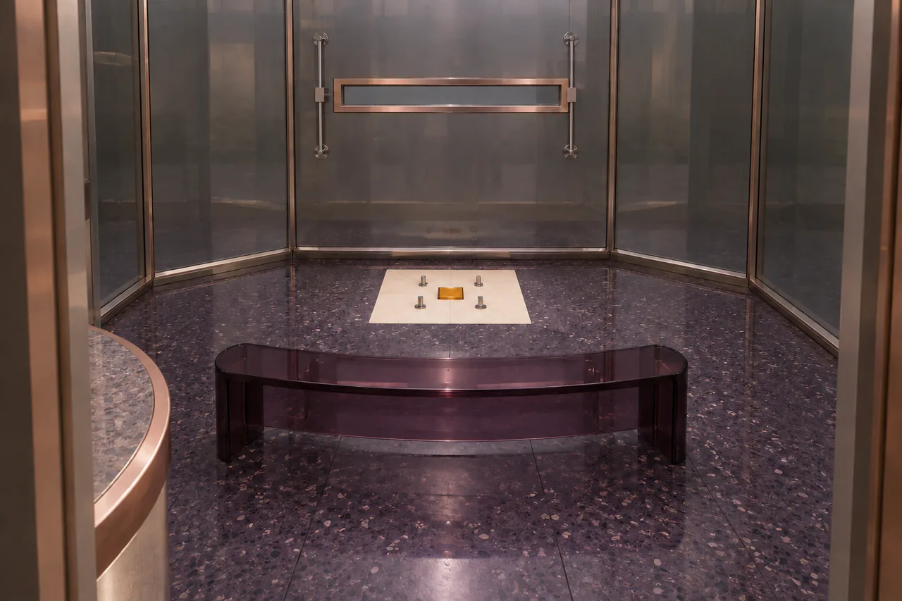 A narrow smoked-pearl octagonal chamber with a grey slit window, ivory floor tile, amber square, four chrome brackets and a plum-glass bench facing the window.