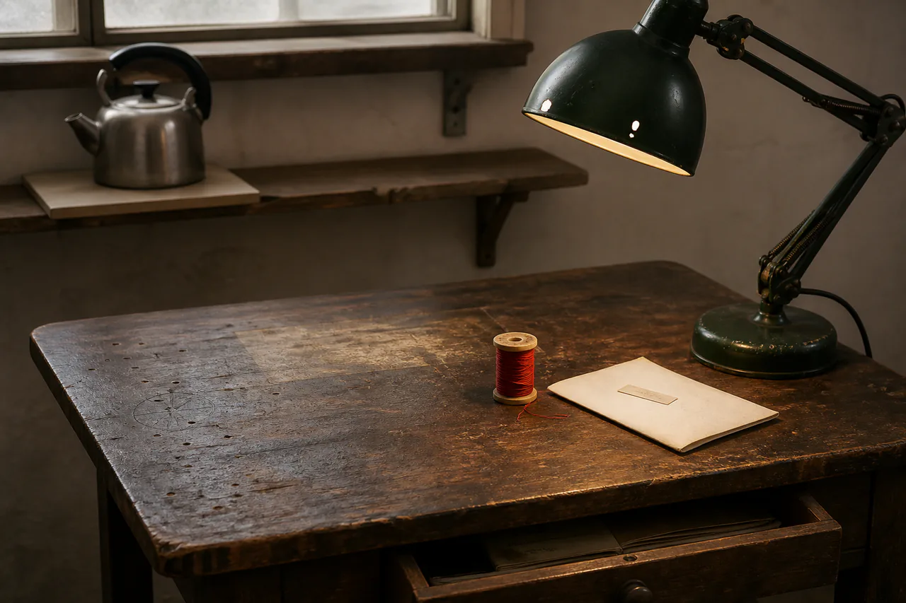 Marked dark worktable with red thread, cream envelope, chipped green lamp and kettle beneath the window