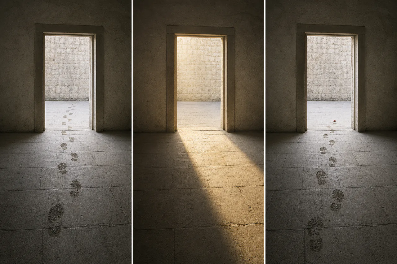 Click to enlarge Wordless three-panel sequence showing departing footprints, an empty interval and later returning footprints with a tiny seal