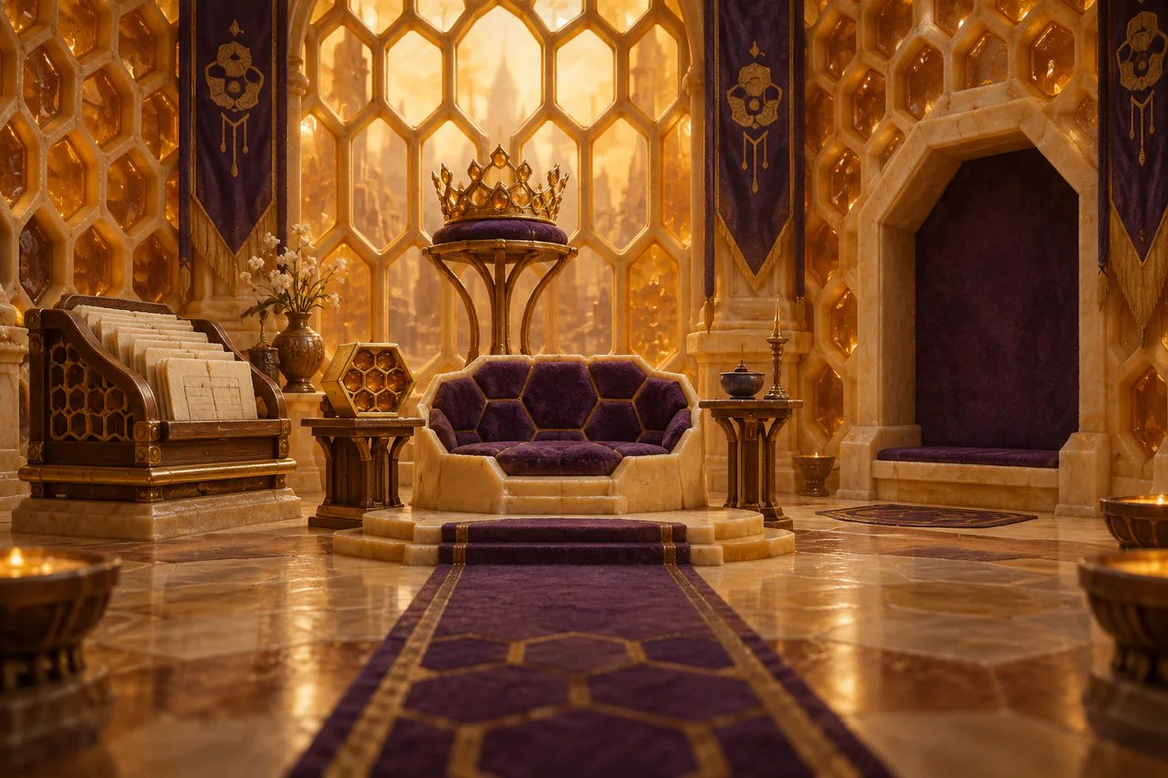 Editorial reconstruction of a warm amber comb with a low purple seat, a crown resting separately and one empty visitor recess