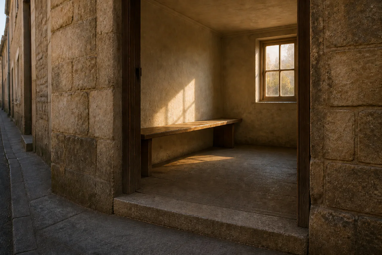 A small empty stone room one step above a First Town side street, with one bench and one late-light window