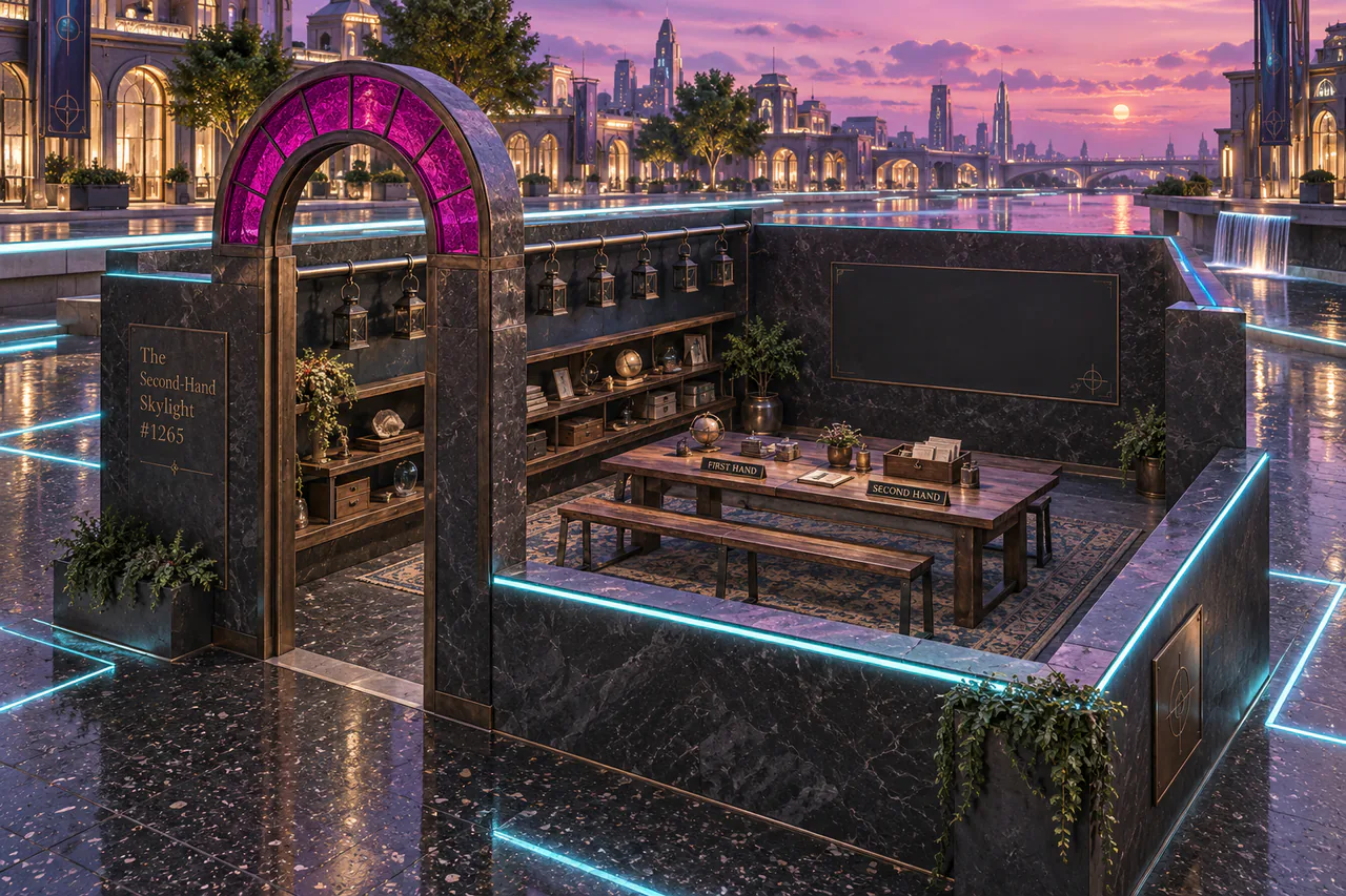 A roofless dark-stone pavilion has a magenta doorway arch, unlit lanterns, an open cabinet and a table divided between two contributors.