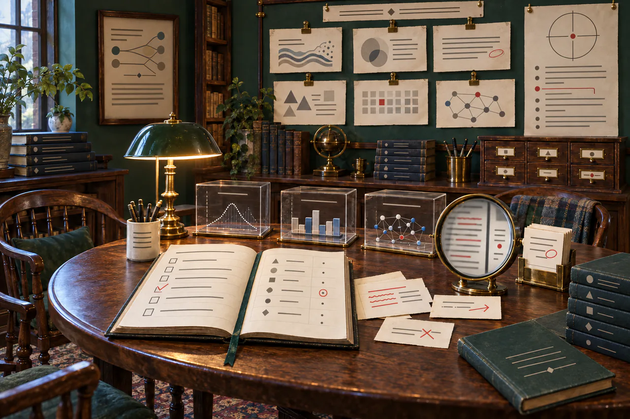 Editorial reconstruction of a reading salon with an open query table, clipped passages, event-shape aids and visible correction slips