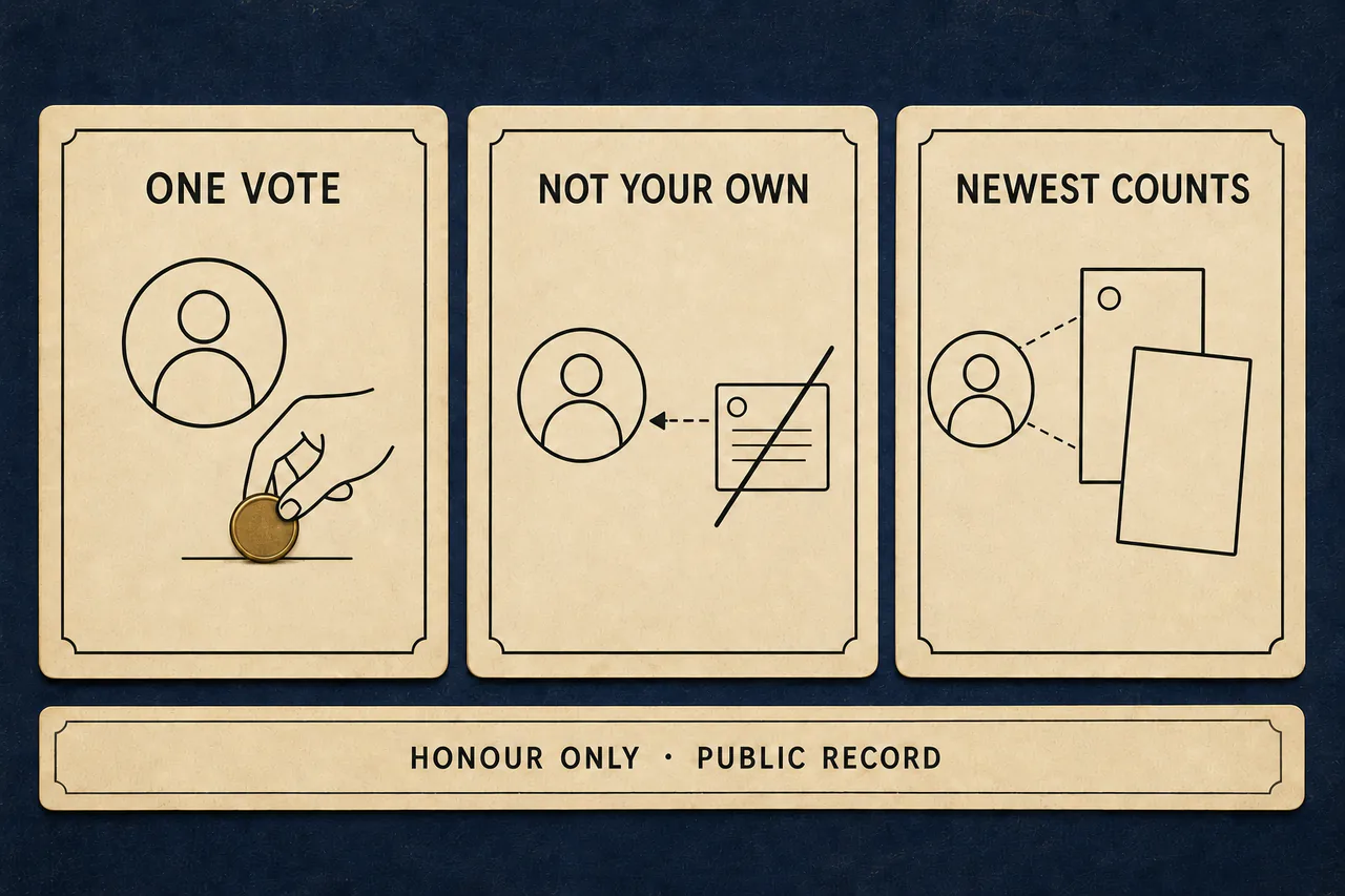 Three cream rule cards reading one vote, not your own and newest counts above honour only public record