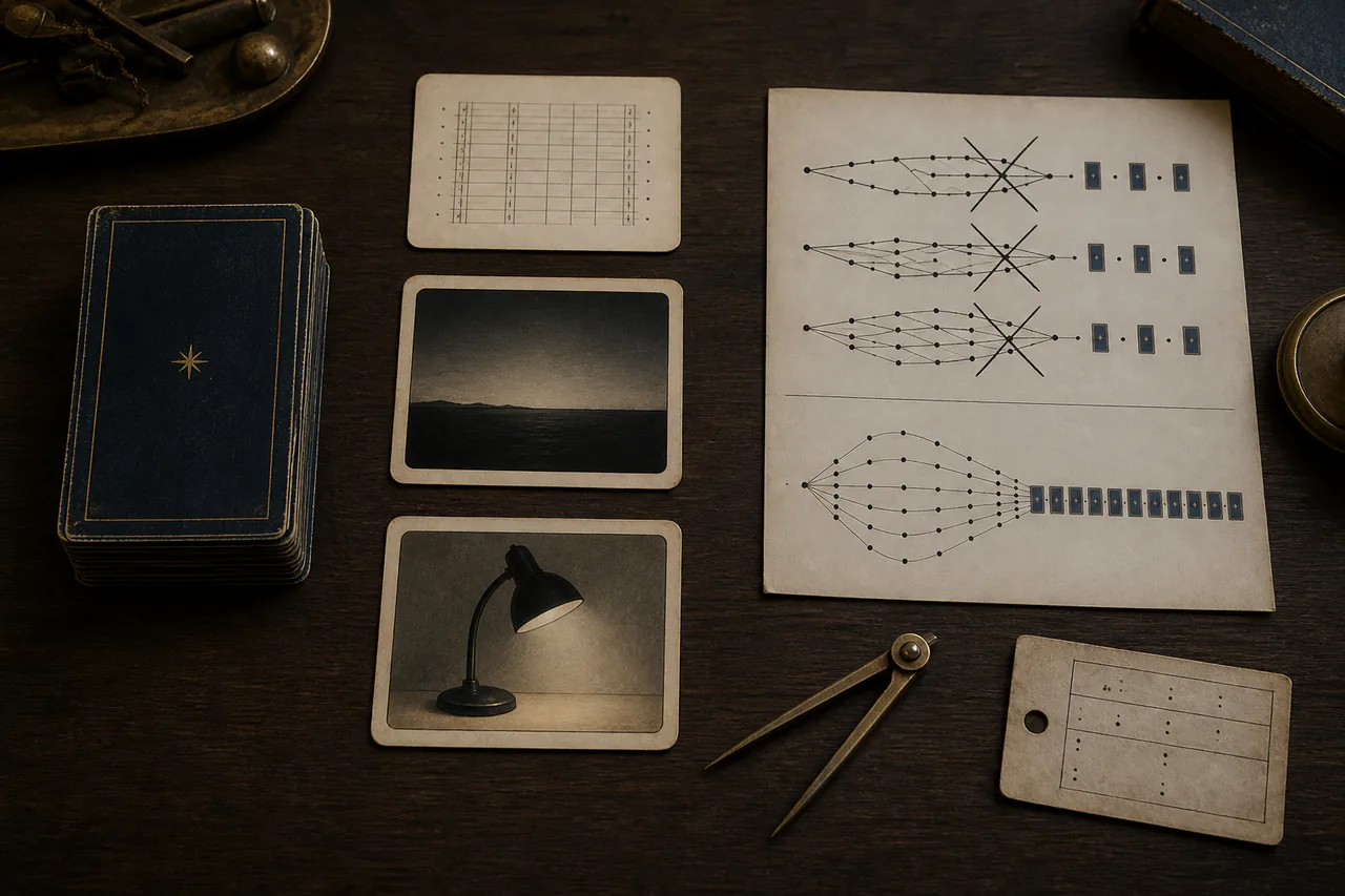 Ordered card stack, three original symbolic cards and a visual sheet contrasting broken and corrected mappings