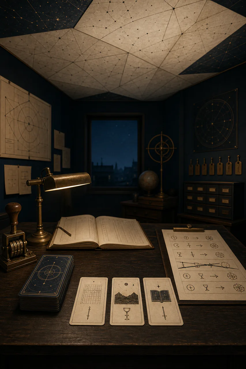 Editorial reconstruction of a small midnight-blue reading room with an ordered deck, three-card spread, audit ledger and corrected mapping
