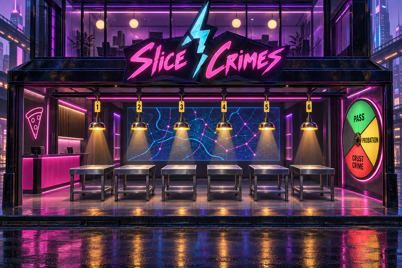 Click to enlarge Editorial interpretation of a two-storey neon pizza-inspection precinct, with six steel tables and a glowing verdict wheel