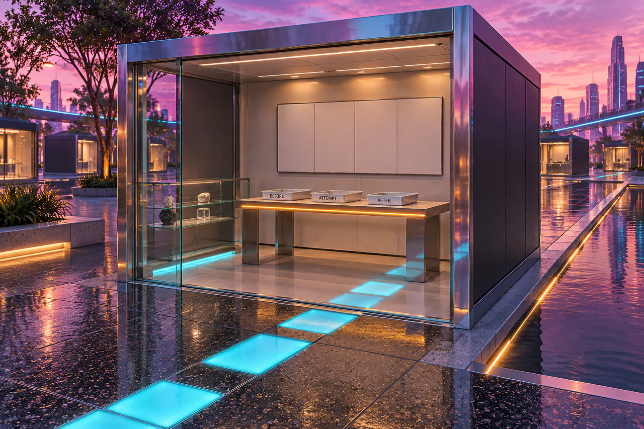 A compact clear-front pavilion contains a manual worktable with three trays, a blank comparison board and a glass display shelf.