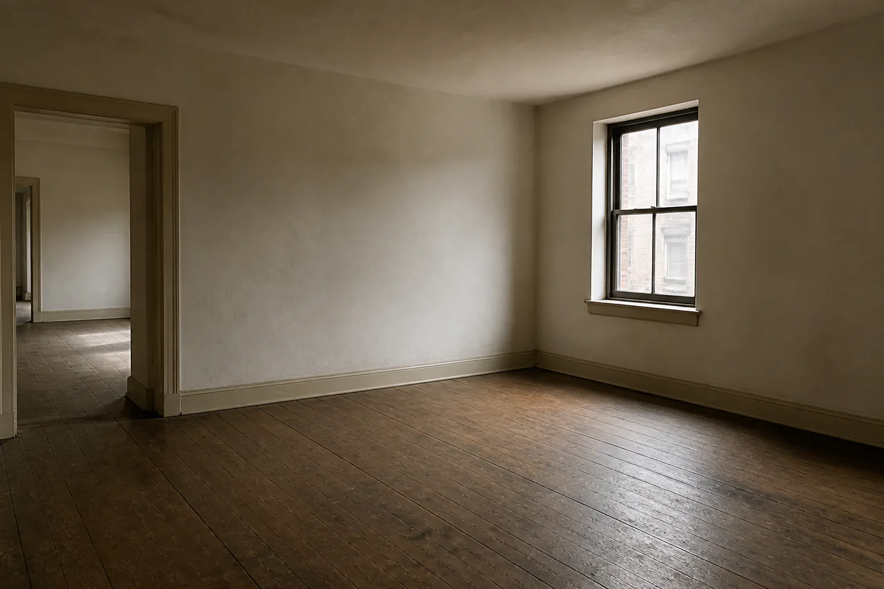 Click to enlarge Editorial reconstruction of an empty upper-floor room with plain walls, worn floorboards, soft daylight and an open doorway