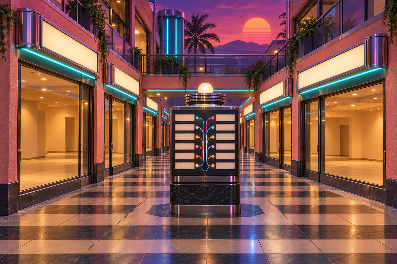 Founding interpretation of Switchboard's salmon-pink shopping arcade, chrome awnings, cyan lights, tiled passage and switchboard directory beside unnamed shop plots