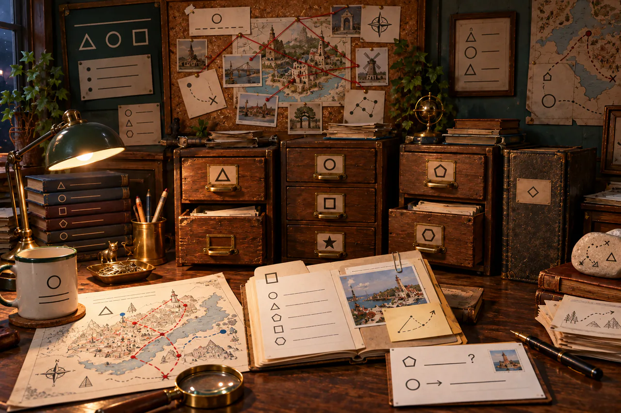 Editorial reconstruction of an unofficial puzzle office with reluctant filing drawers, a closed Case 00 ledger and an open reply-without-question file