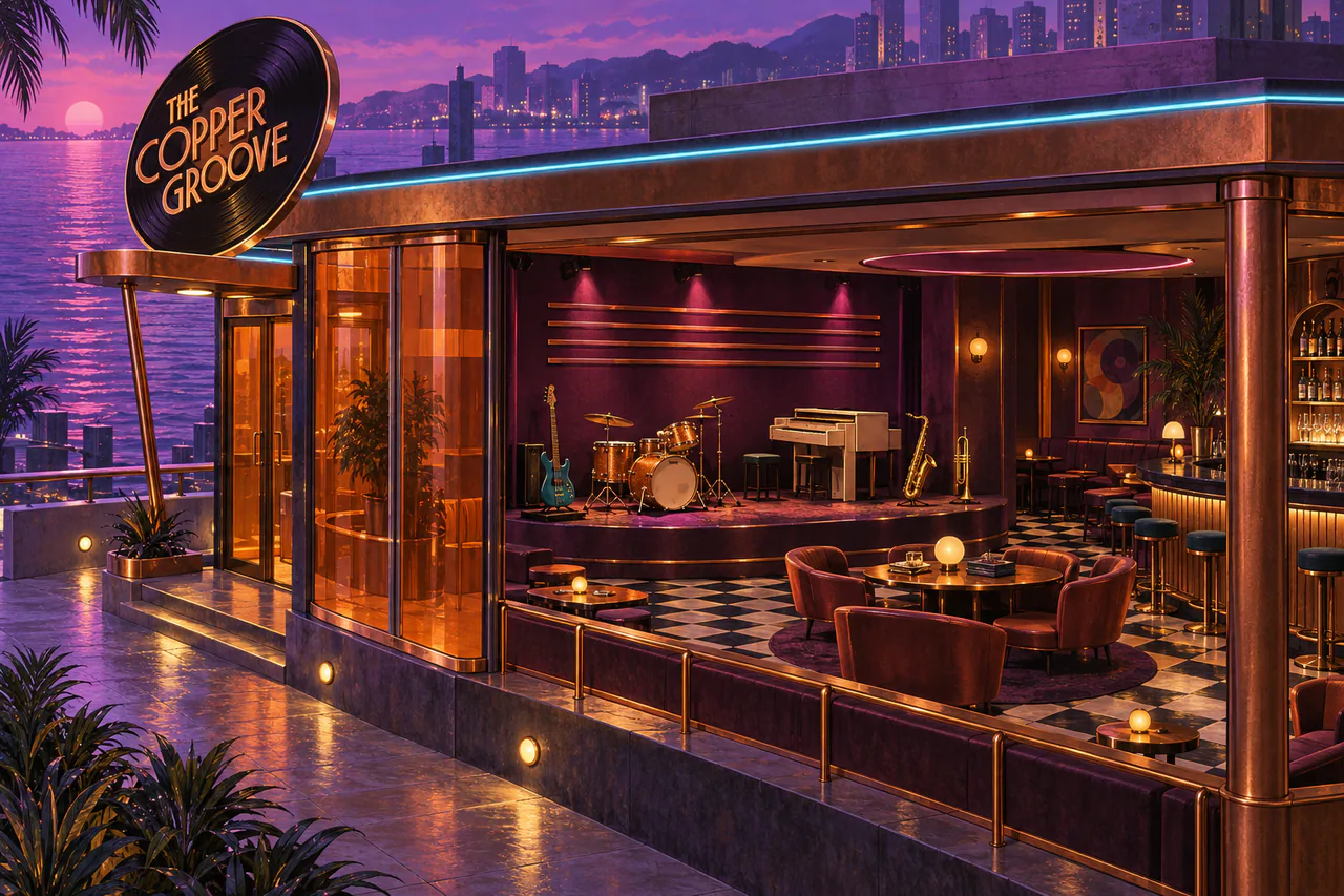 An open copper-fronted funk club with amber drums, a teal bass, cream piano and brass horns beneath a violet roof and amber record sign.