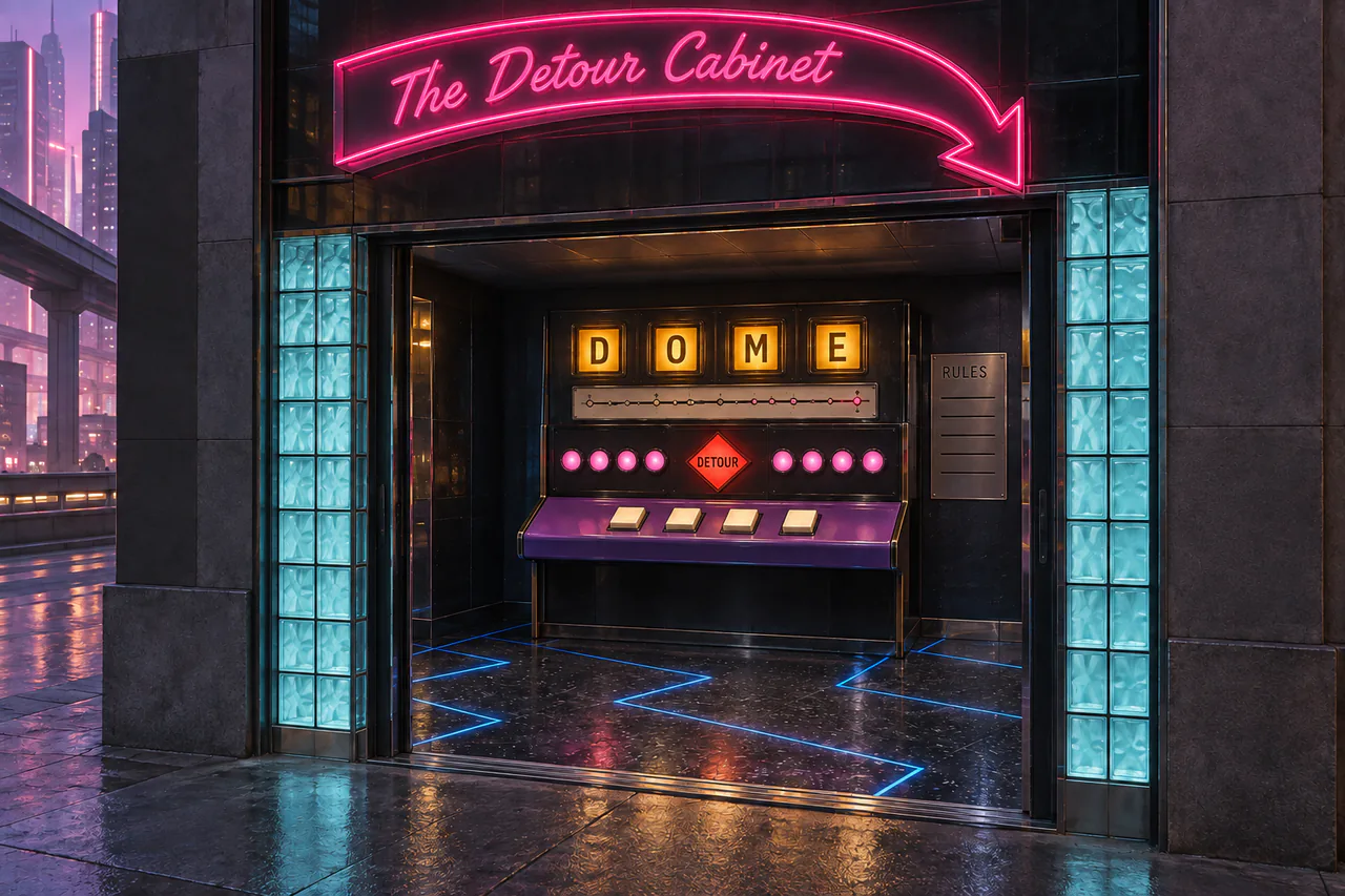 Click to enlarge Black-glass arcade with a pink arrow over a four-letter DOME cabinet, eight move lamps and four cream keys.