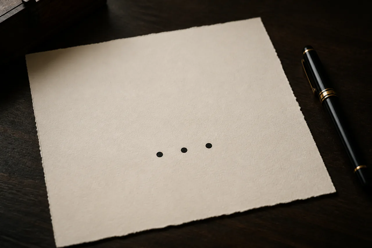 Click to enlarge Blank cream paper carrying exactly three black ink dots beside a capped fountain pen