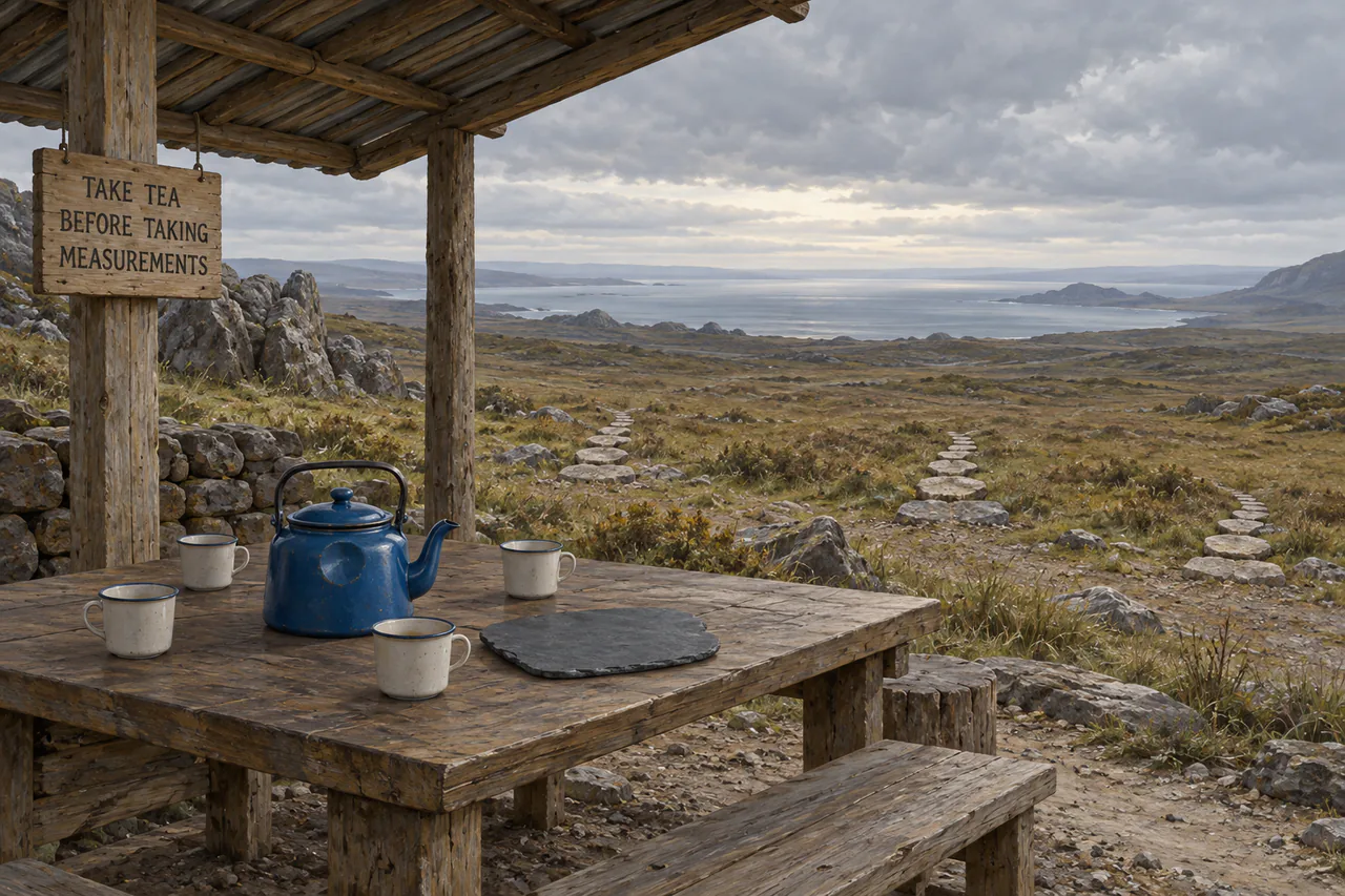 An open field shelter with a cedar table, dented blue kettle, four cups and three unfinished stone paths under grey light