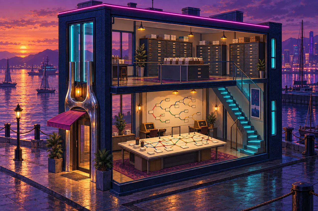 A cutaway neon printing house with scene cards, branching paths, two terminals and upstairs source drawers.