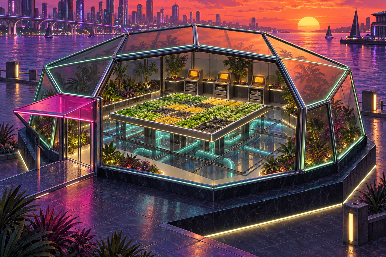 A neon greenhouse with a tiled ecosystem table and three amber terminals beside a violet harbour.