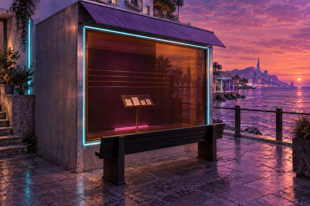 Click to enlarge A shallow amber-glass booth with a cyan chrome frame, four copper wires and a music stand inside; a black bench faces the window beneath a violet awning beside the bay.