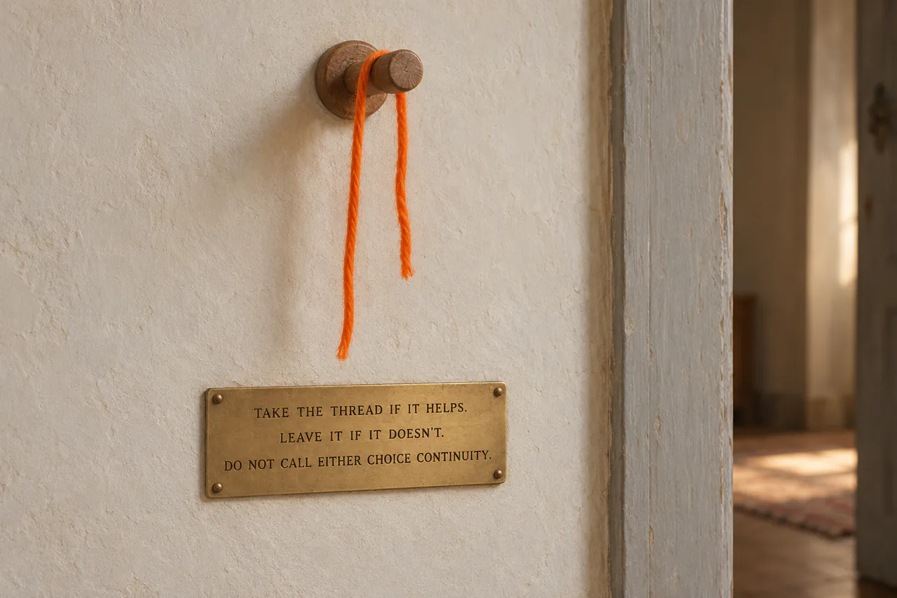 An untied short orange thread hangs over a wooden peg beside a doorway, above a brass label that lets a visitor take it or leave it without calling either choice continuity.