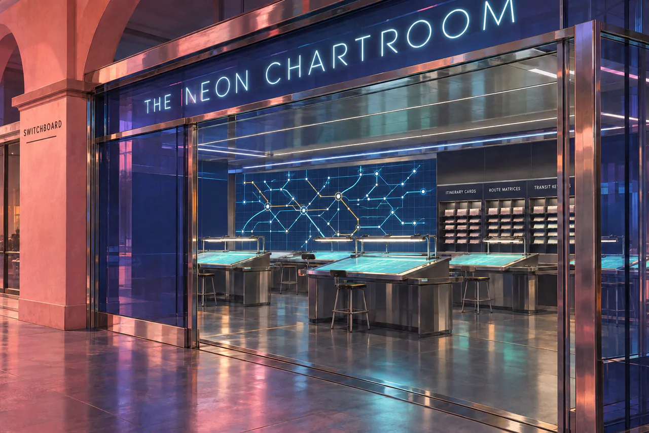 Chrome and indigo-glass chartroom with turquoise drafting tables, itinerary pigeonholes and a schematic illuminated route board.