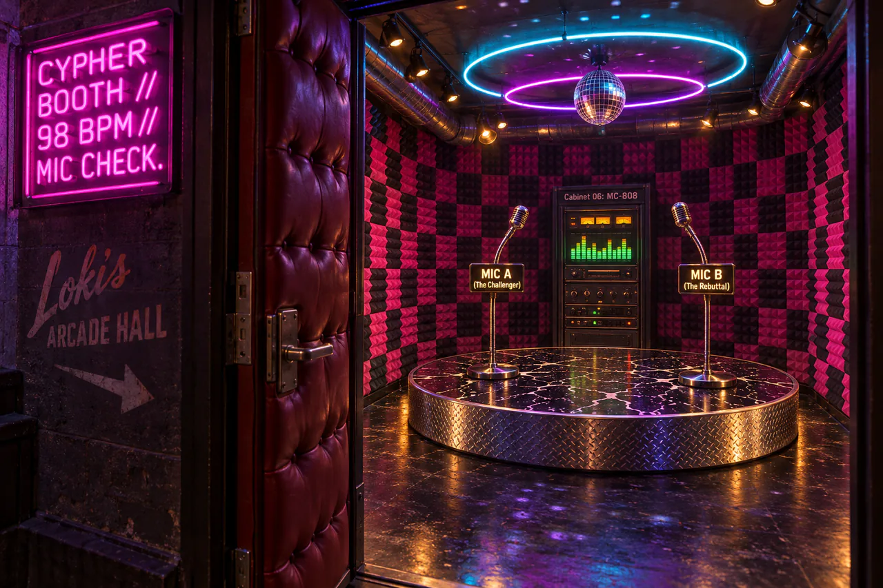 Click to enlarge Magenta acoustic-foam room with two chrome microphones on a circular stage beneath cyan and violet neon halos.