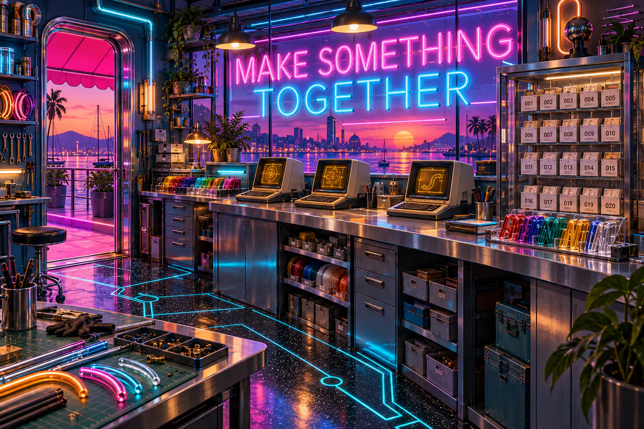 Three amber terminals beneath the MAKE SOMETHING TOGETHER sign in the Neon Sign Shop.