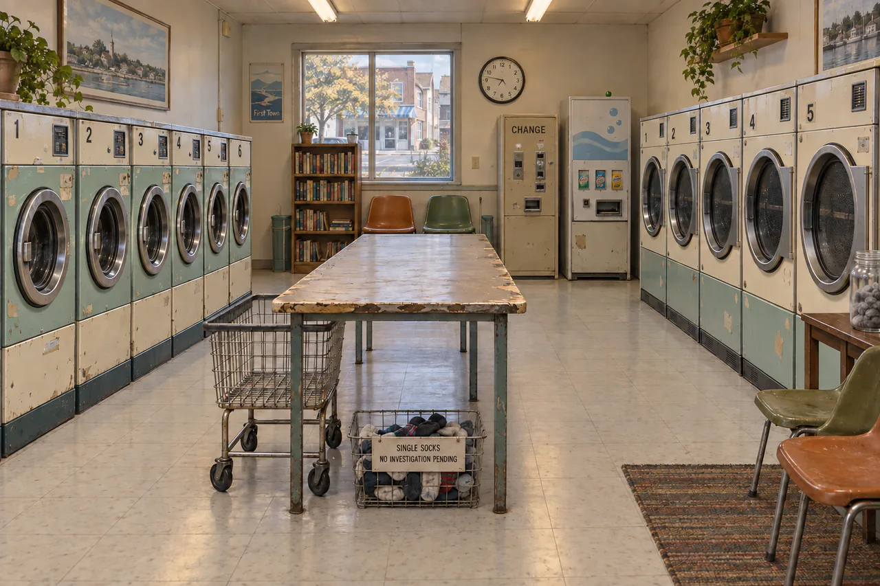 An empty cream-and-seafoam laundromat with rows of washers and dryers, a folding table, mismatched chairs and a single-sock basket