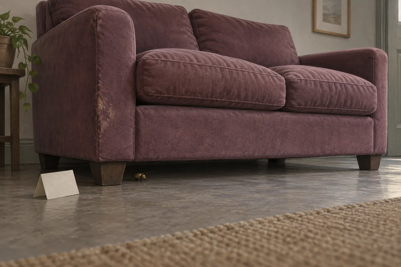 A low plum settee has dark wooden feet, a tiny brass beetle underneath and a small folded card nearby.