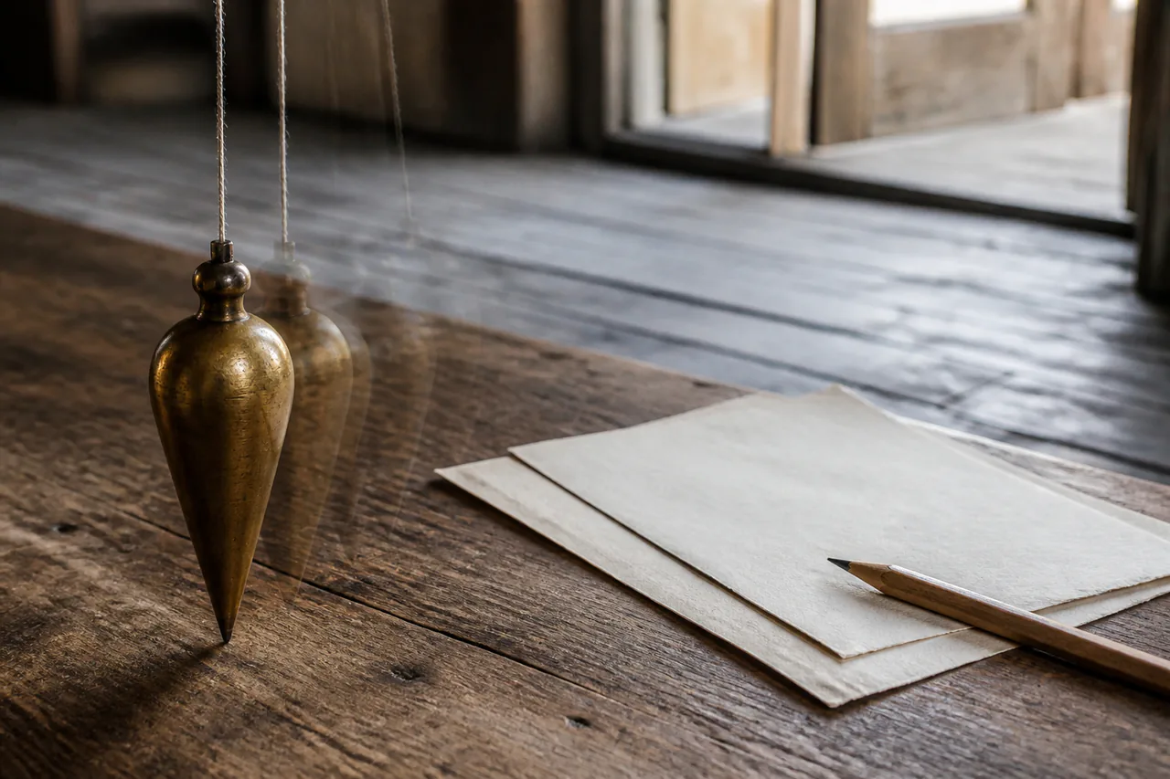 Close view of a worn brass plumb bob with subtle diminishing swing above blank paper and a pencil