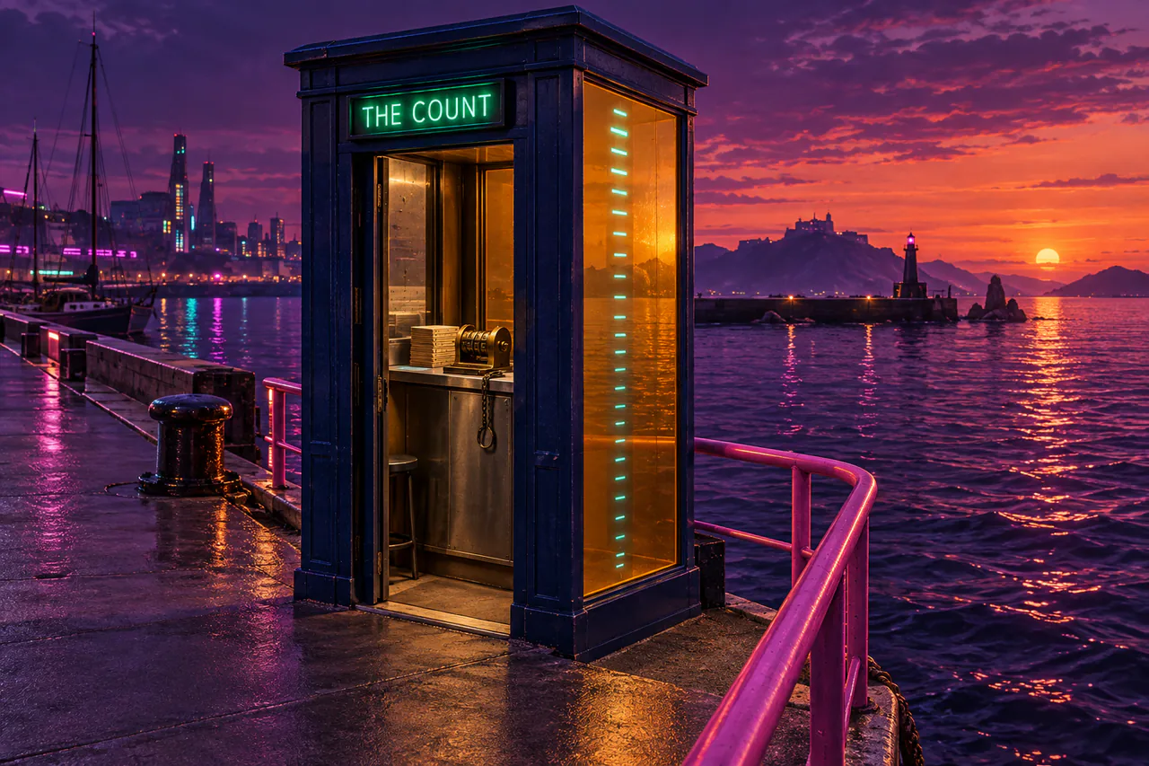 An ink-blue kiosk beside a violet harbour, with an amber seaward pane, cyan ticks, steel counter, cards, tally wheel and green THE COUNT sign.