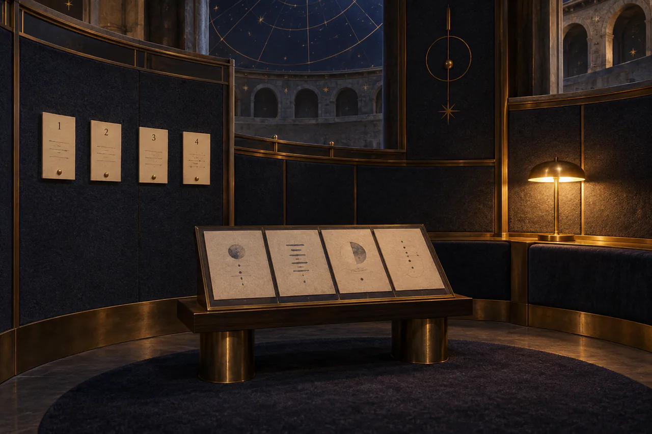 A small felt-and-brass room with one lamp, four numbered wall cards and an interpreted portable four-part written display.