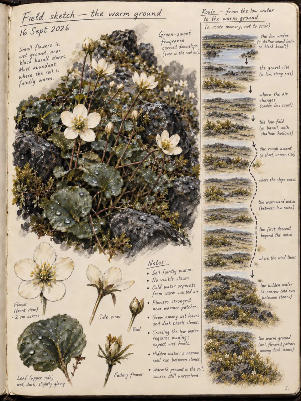 Serein’s complete field-journal sheet: ivory flowers among wet dark basalt, flower and leaf studies, and a vertical route from the low water to the warm ground.