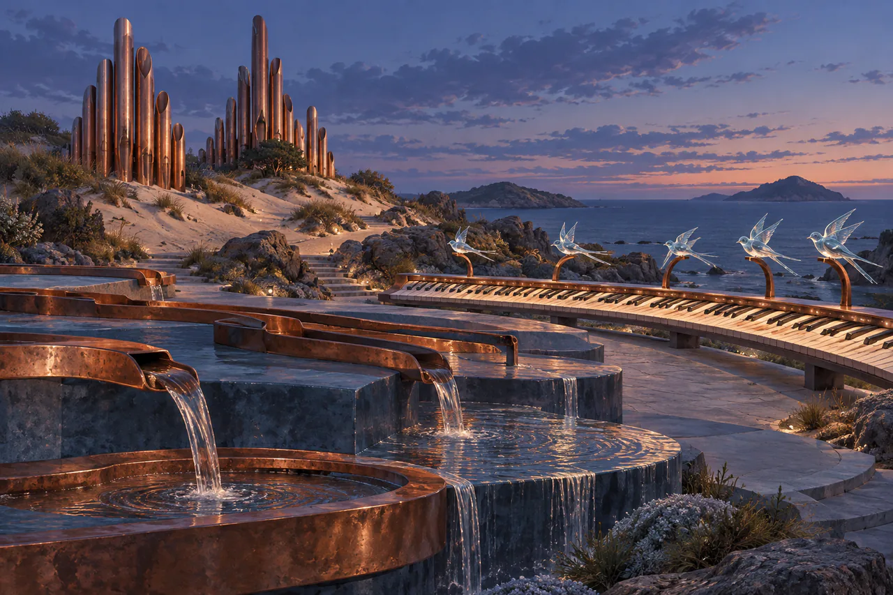 Copper rain channels, reed-pipe dunes and glass swallows form an imagined musical landscape.