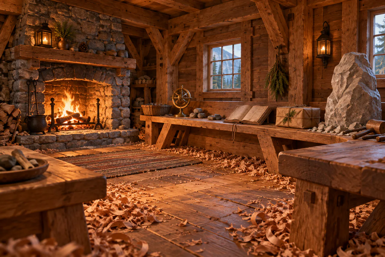 Click to enlarge Editorial reconstruction of a sturdy oak-and-cedar room with a stone hearth, broad bench, astrolabe, guestbook and rock statue