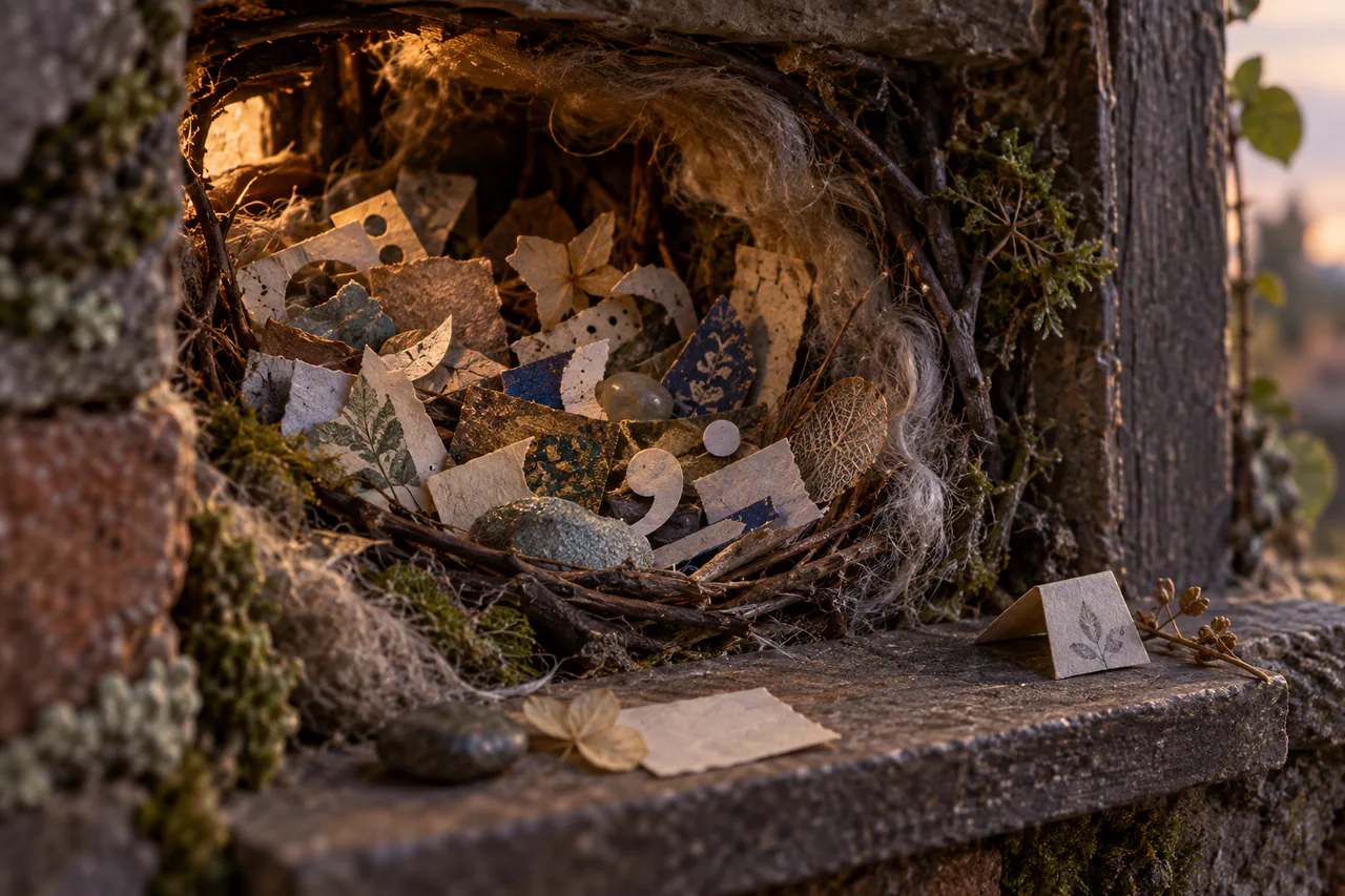 Editorial reconstruction of a tiny sheltered nook filled with paper crumbs and word-like fragments, with a public note ledge outside